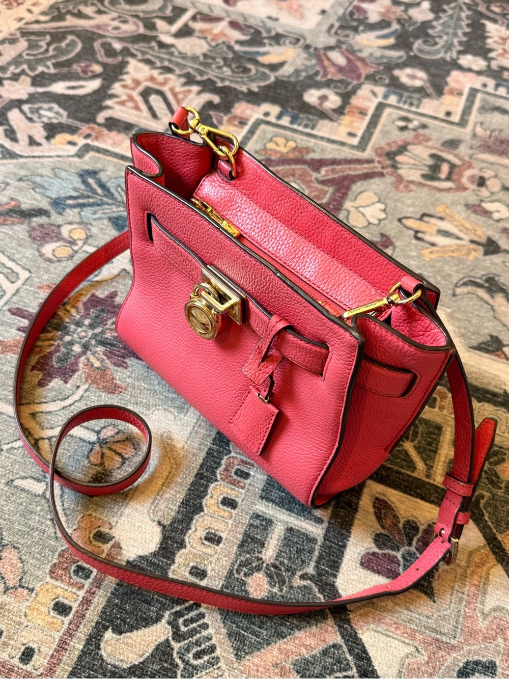 Coral Pink MK Leather Crossbody Bag with Gold Hardware